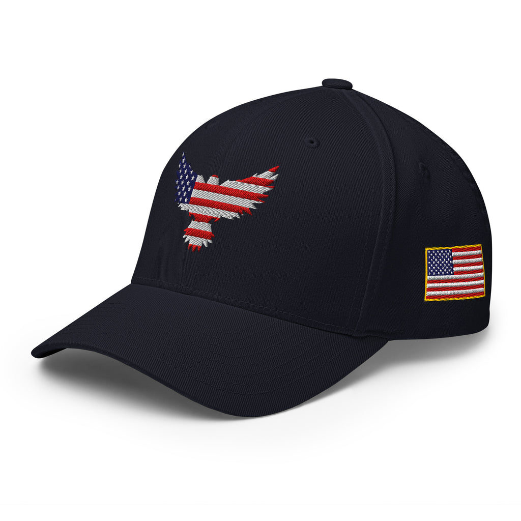Left-front view of dark navy Old Glory Eagle Flexfit hat