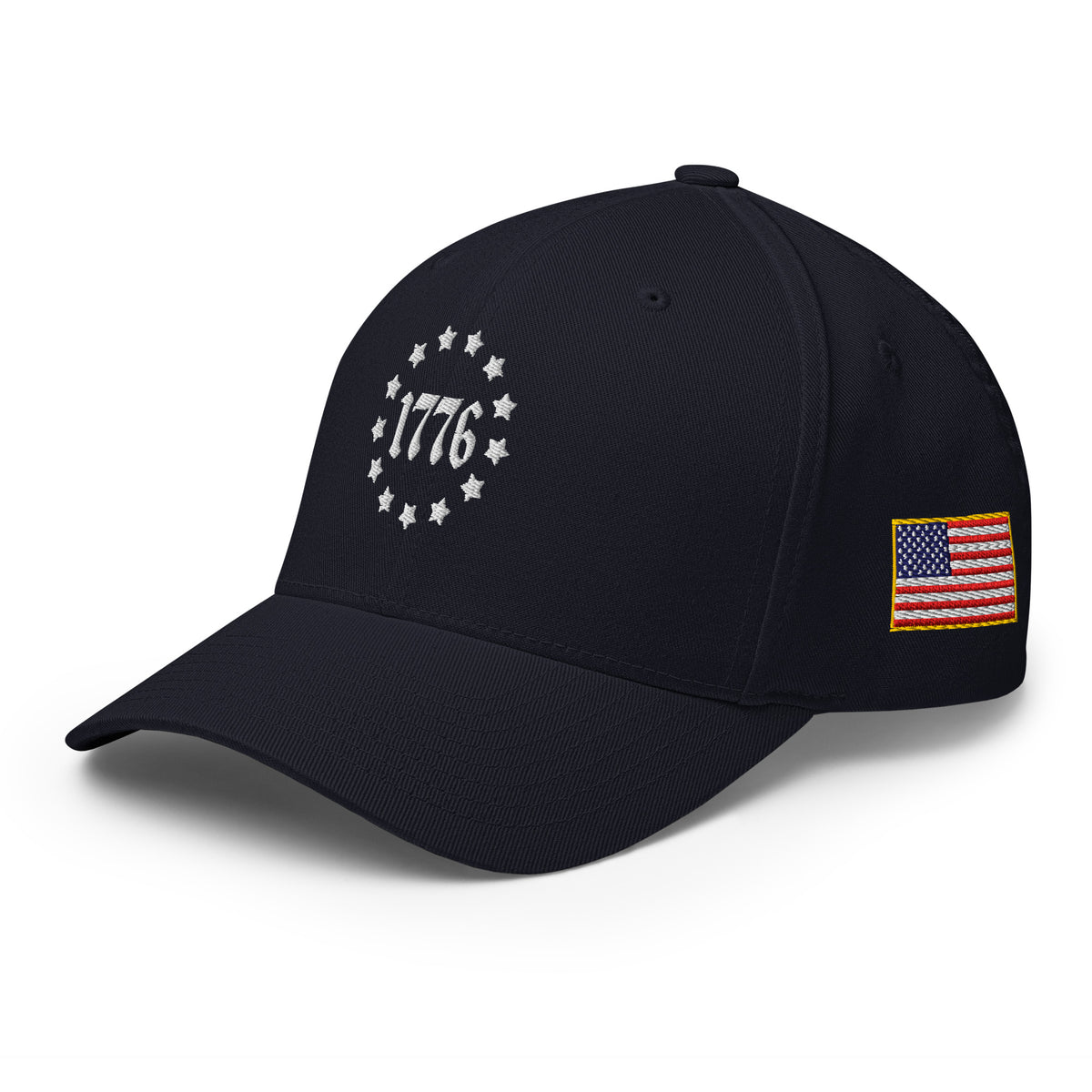 Left-front view of dark navy 1776 Betsy Ross Stars Flexfit hat