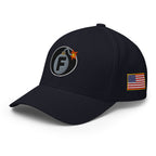 Dark Navy structured Flexfit cap with embroidered F-Bomb design, left front view