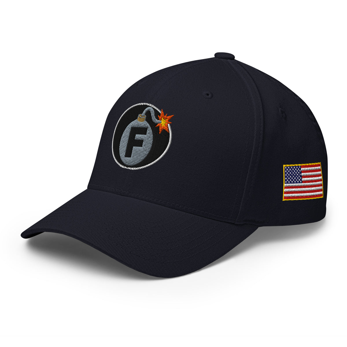 Dark Navy structured Flexfit cap with embroidered F-Bomb design, left front view