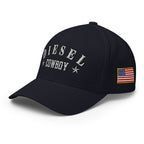 Dark Navy structured Flexfit cap with embroidered Diesel Cowboy design, left front view