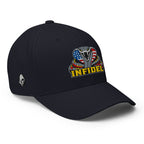 Right-front view of dark navy Infidel USA Flag Cobra Flexfit hat