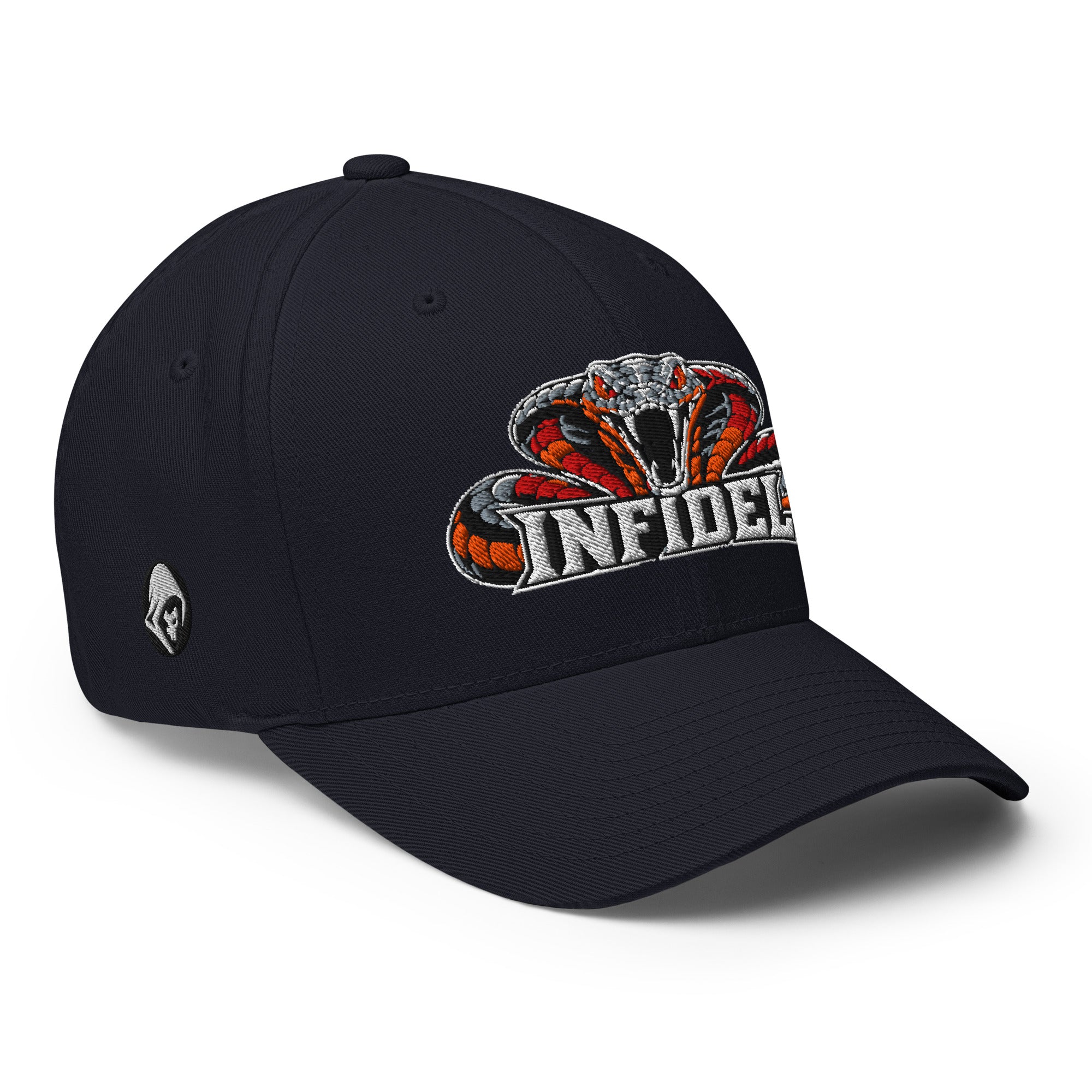 Right-front view of dark navy Infidel Cobra King Flexfit hat