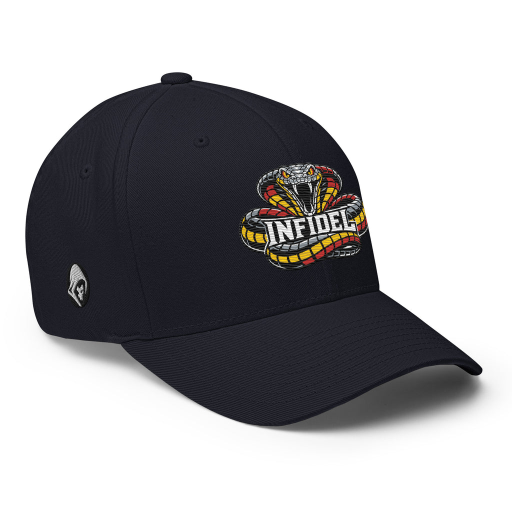 Right-front view of dark navy Infidel Coiled Cobra Flexfit hat