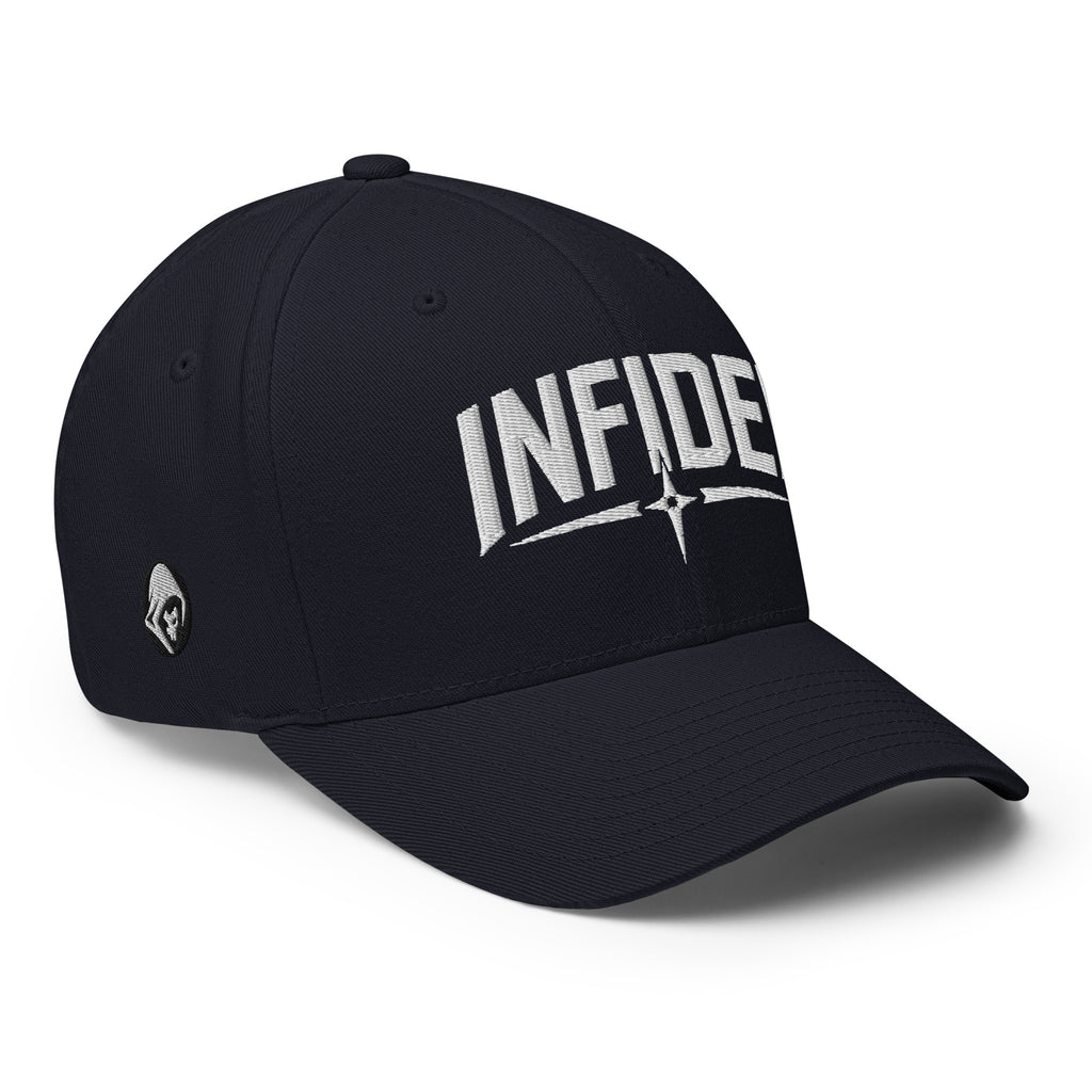 Right-front view of dark navy Infidel Spike Flexfit hat