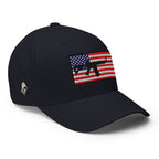 Right-front view of dark navy AR-15 Old Glory Flexfit hat
