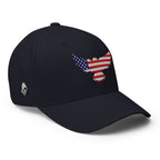 Right-front view of dark navy Old Glory Eagle Flexfit hat