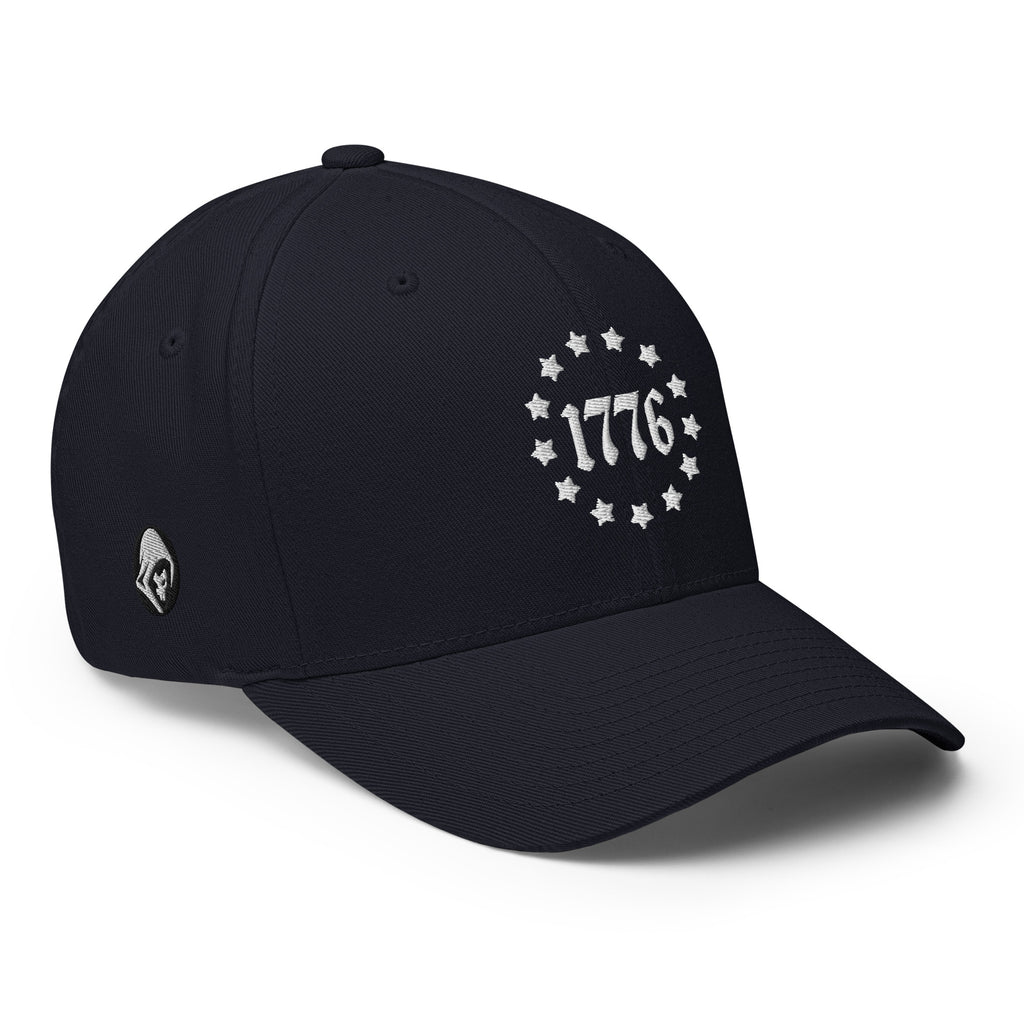 Right-front view of dark navy 1776 Betsy Ross Stars Flexfit hat
