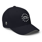 Right-front view of dark navy 1776 Betsy Ross Stars Flexfit hat