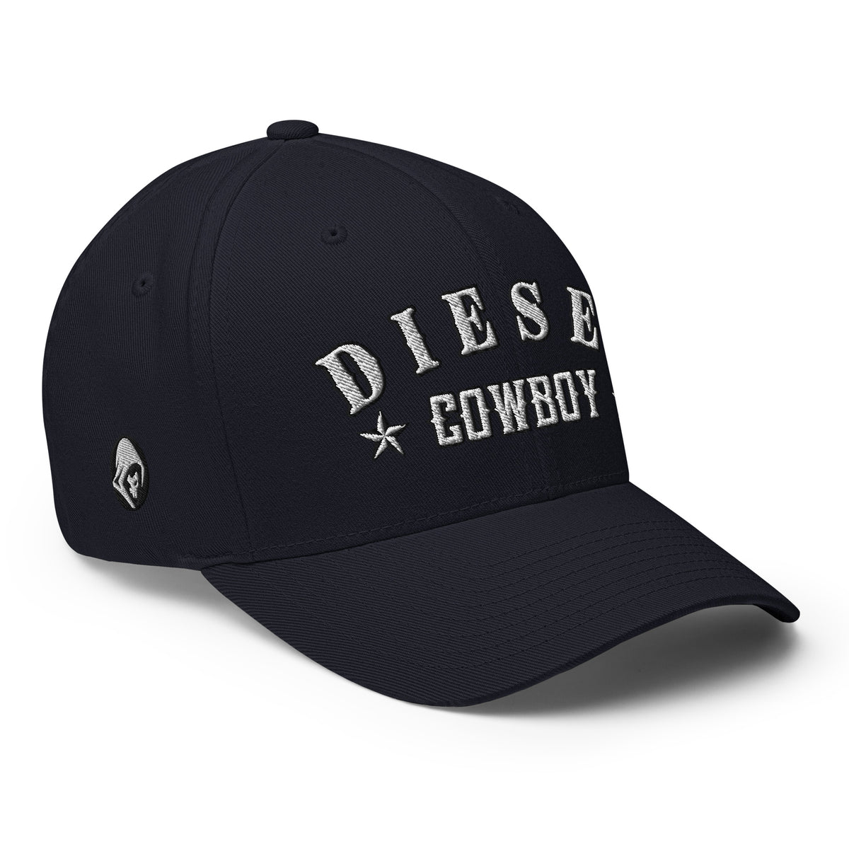 Dark Navy structured Flexfit cap with embroidered Diesel Cowboy design, right front view