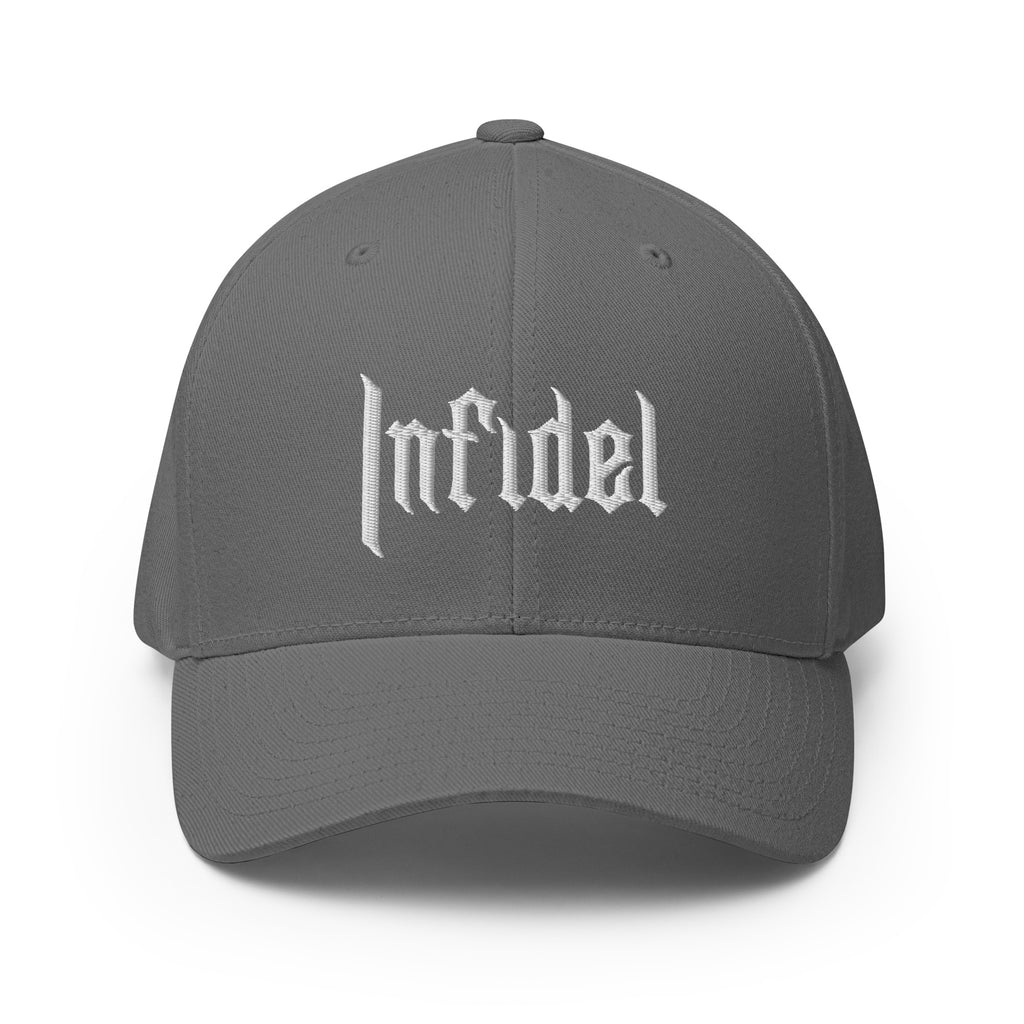 Gray cap with 'infidel' text on a white background