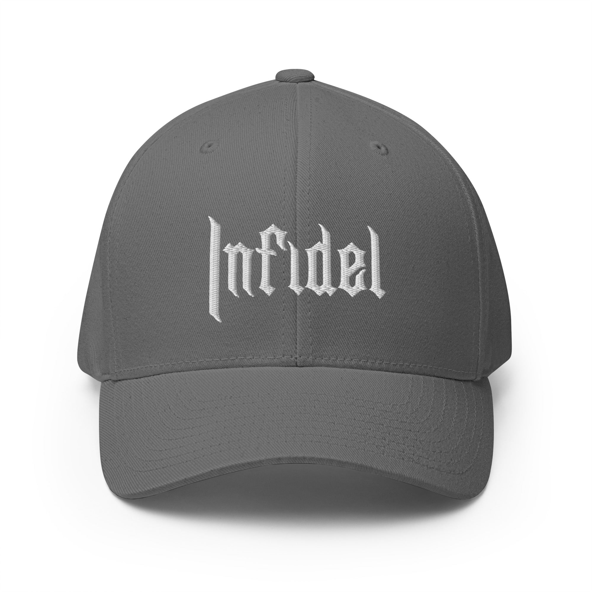 Gray cap with 'infidel' text on a white background