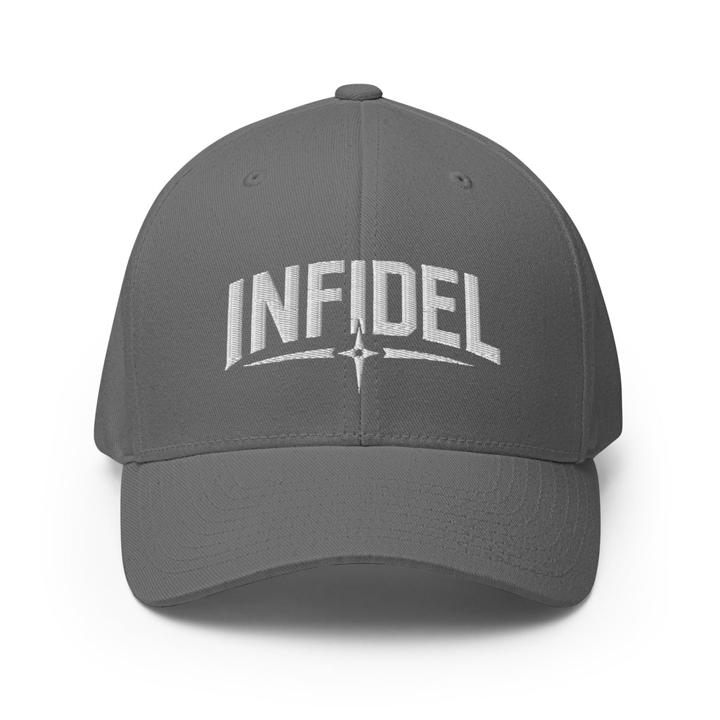 Dark gray cap with 'INFIDEL' text on a white background