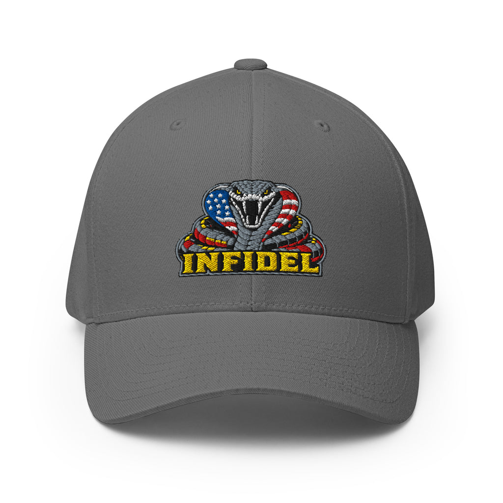 Front view of grey Infidel USA Flag Cobra Flexfit hat