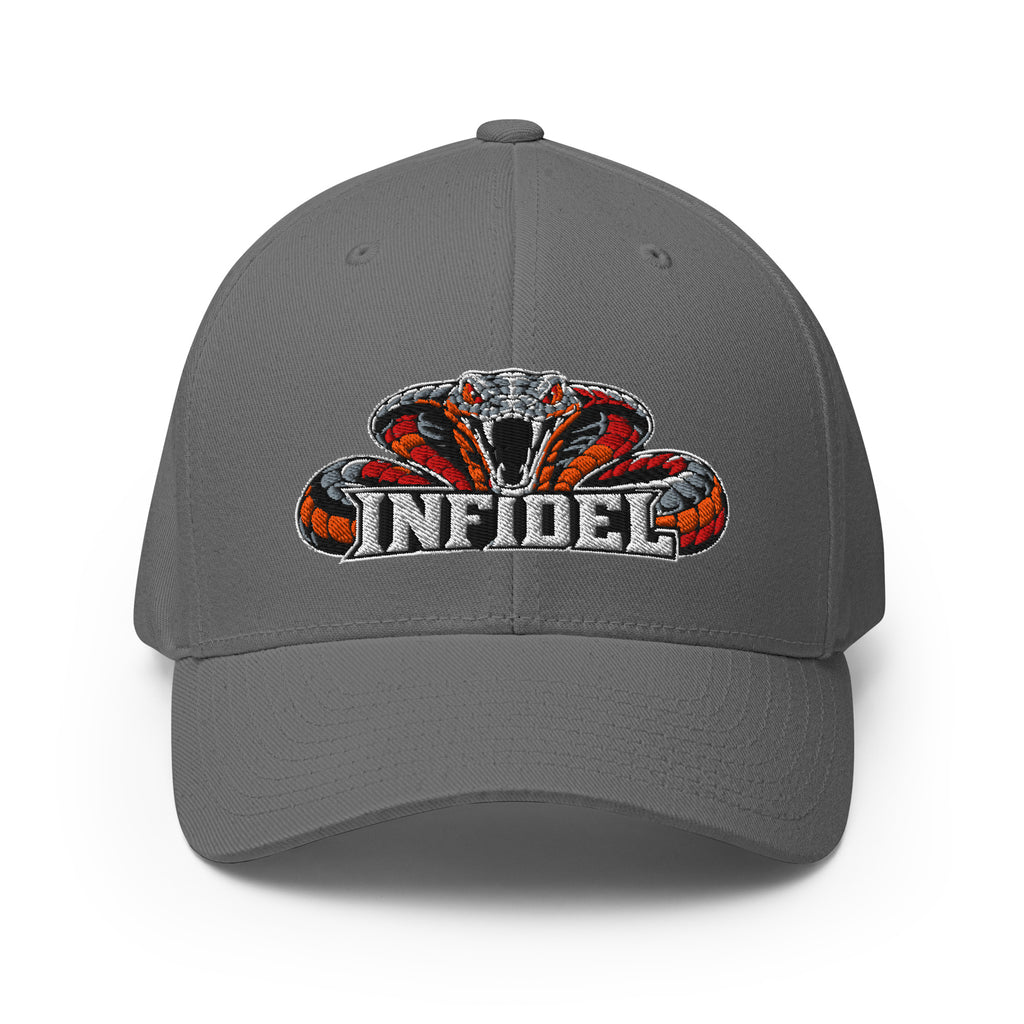 Front view of grey Infidel Cobra King Flexfit hat