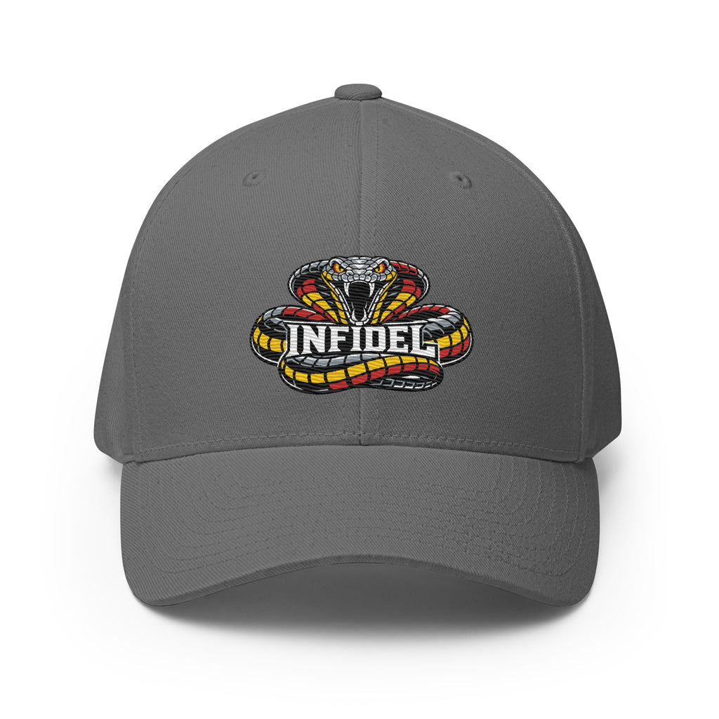Front view of grey Infidel Coiled Cobra Flexfit hat