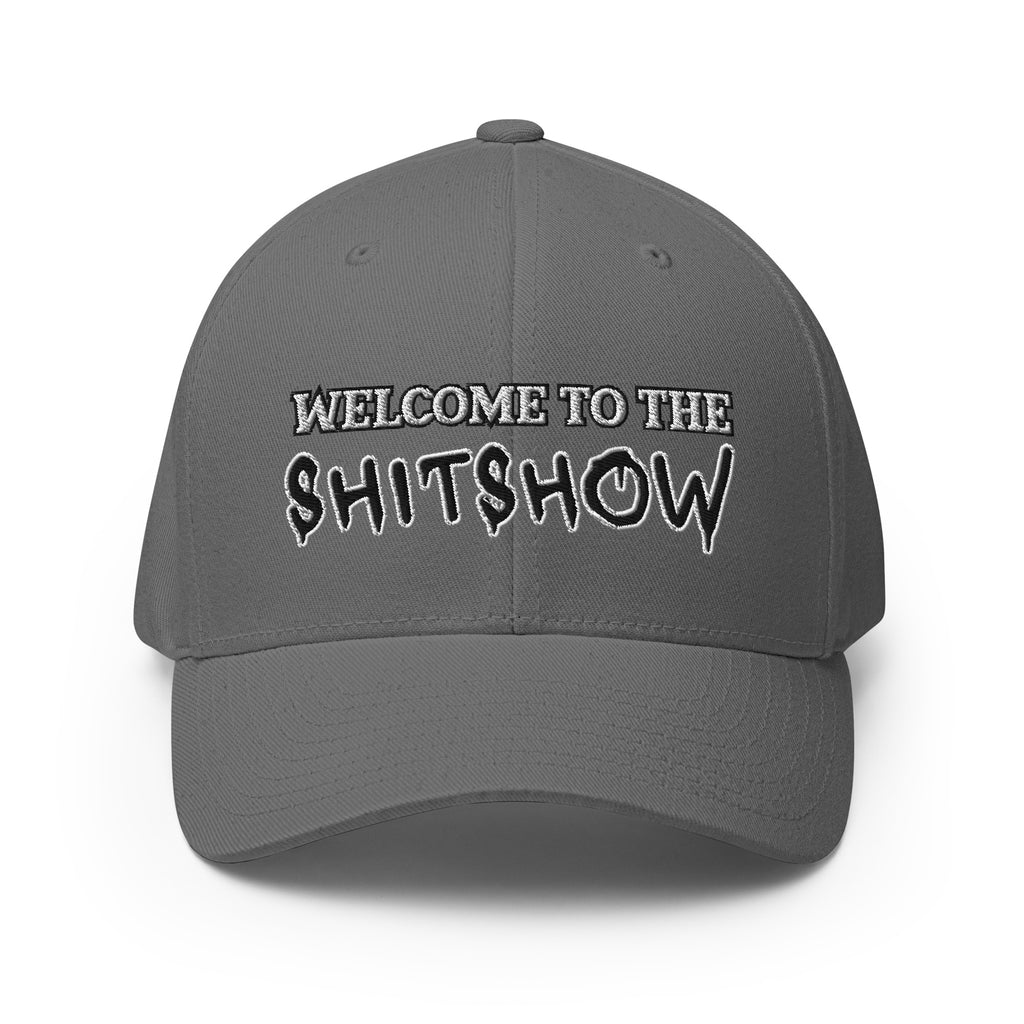 Front view of grey Welcome to the Shitshow Flexfit hat