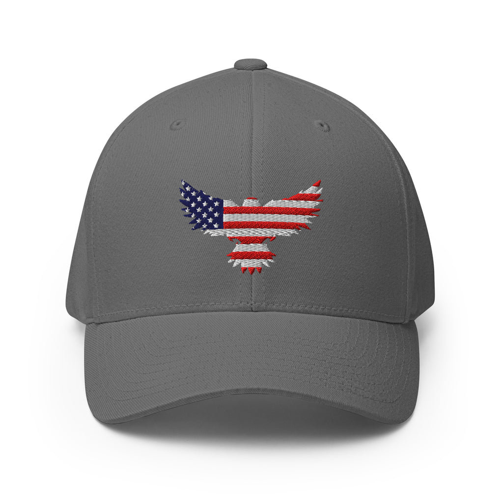 Front view of grey Old Glory Eagle Flexfit hat