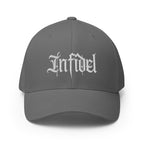 Front view of grey Infidel Script Flexfit hat