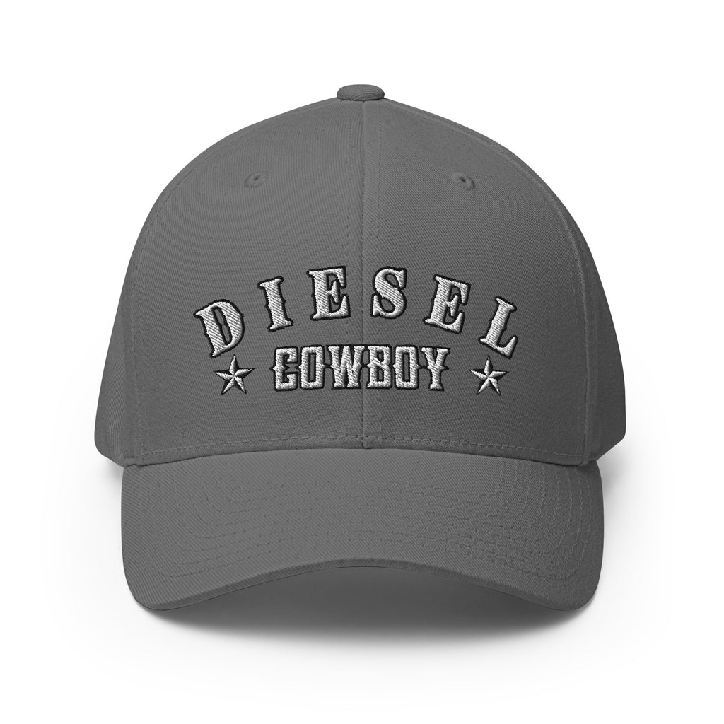 Grey structured Flexfit cap with embroidered Diesel Cowboy front design, front view