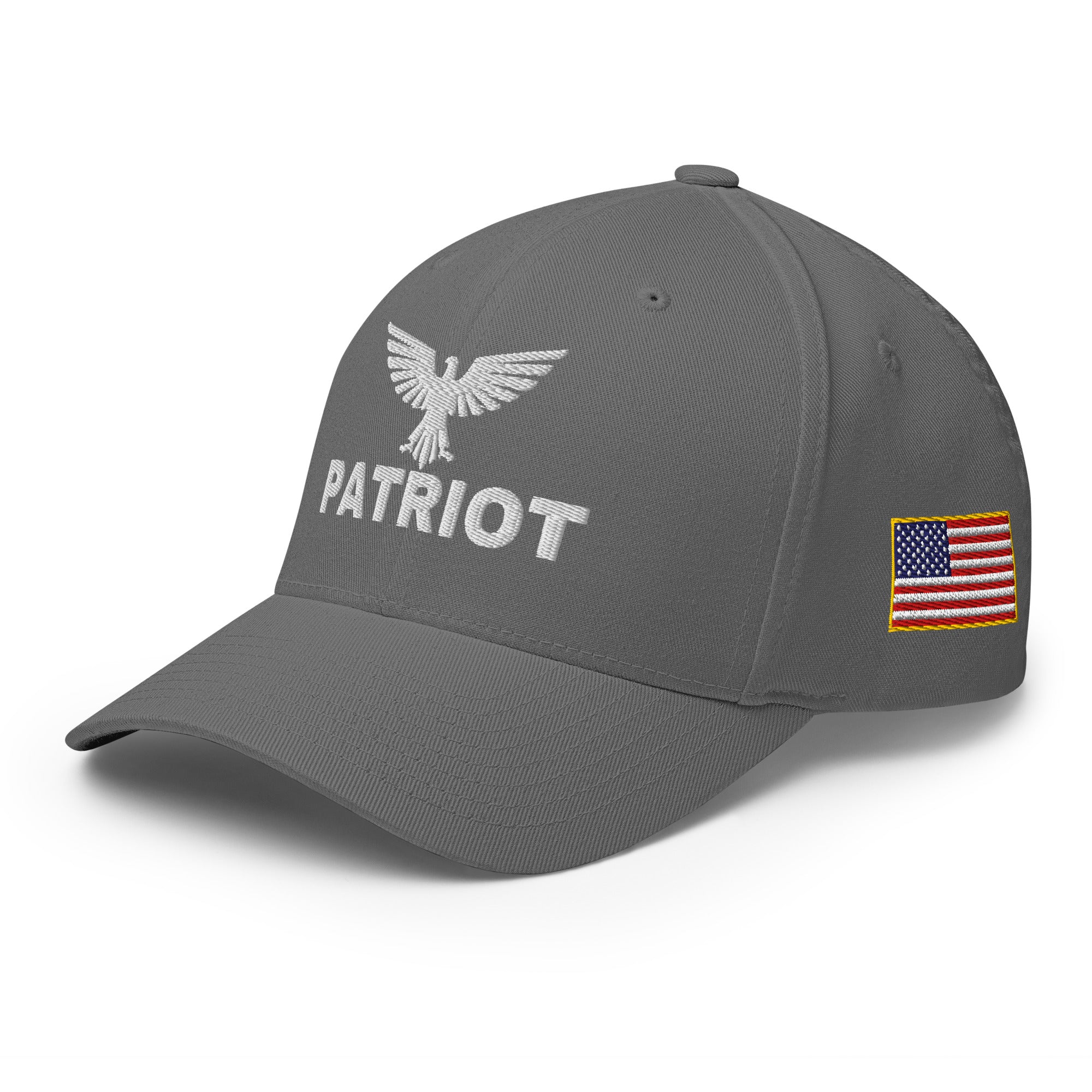 Gray cap with 'Patriot' text and American flag patch on a white background