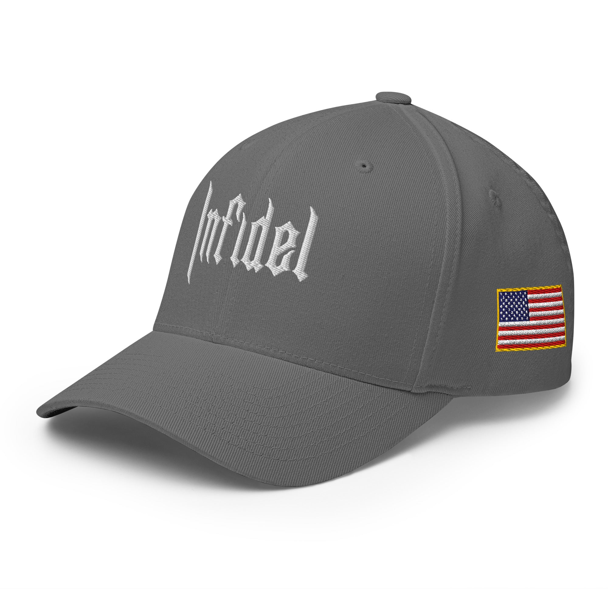 Dark gray cap with 'infidel' logo on a white background