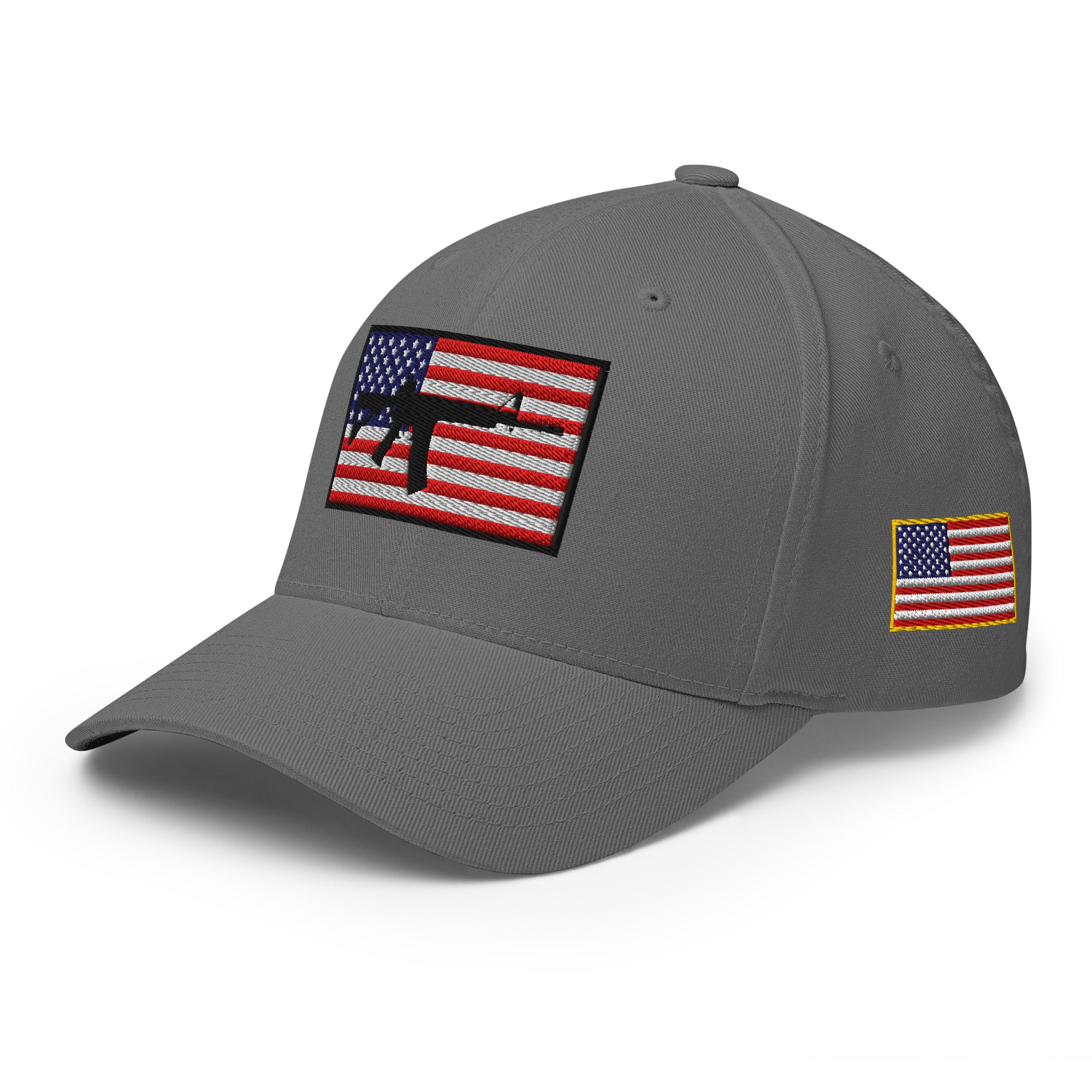Gray cap with American flag patches on a white background