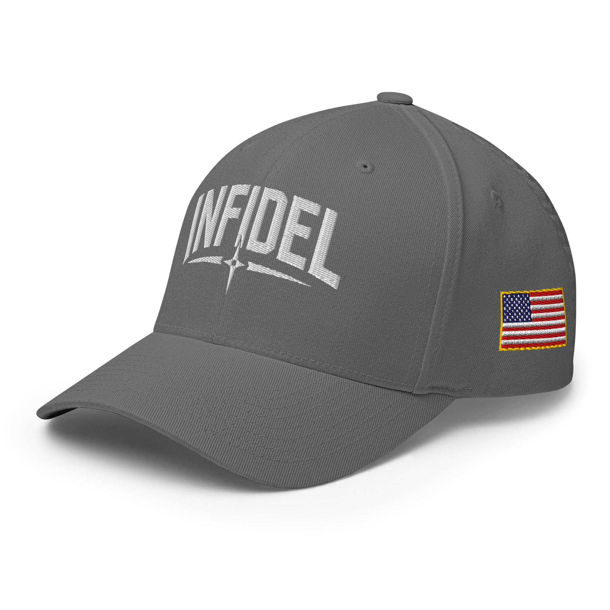Gray cap with 'INFIDEL' text and American flag patch on a white background