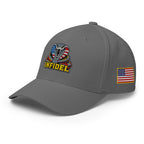 Left-front view of grey Infidel USA Flag Cobra Flexfit hat
