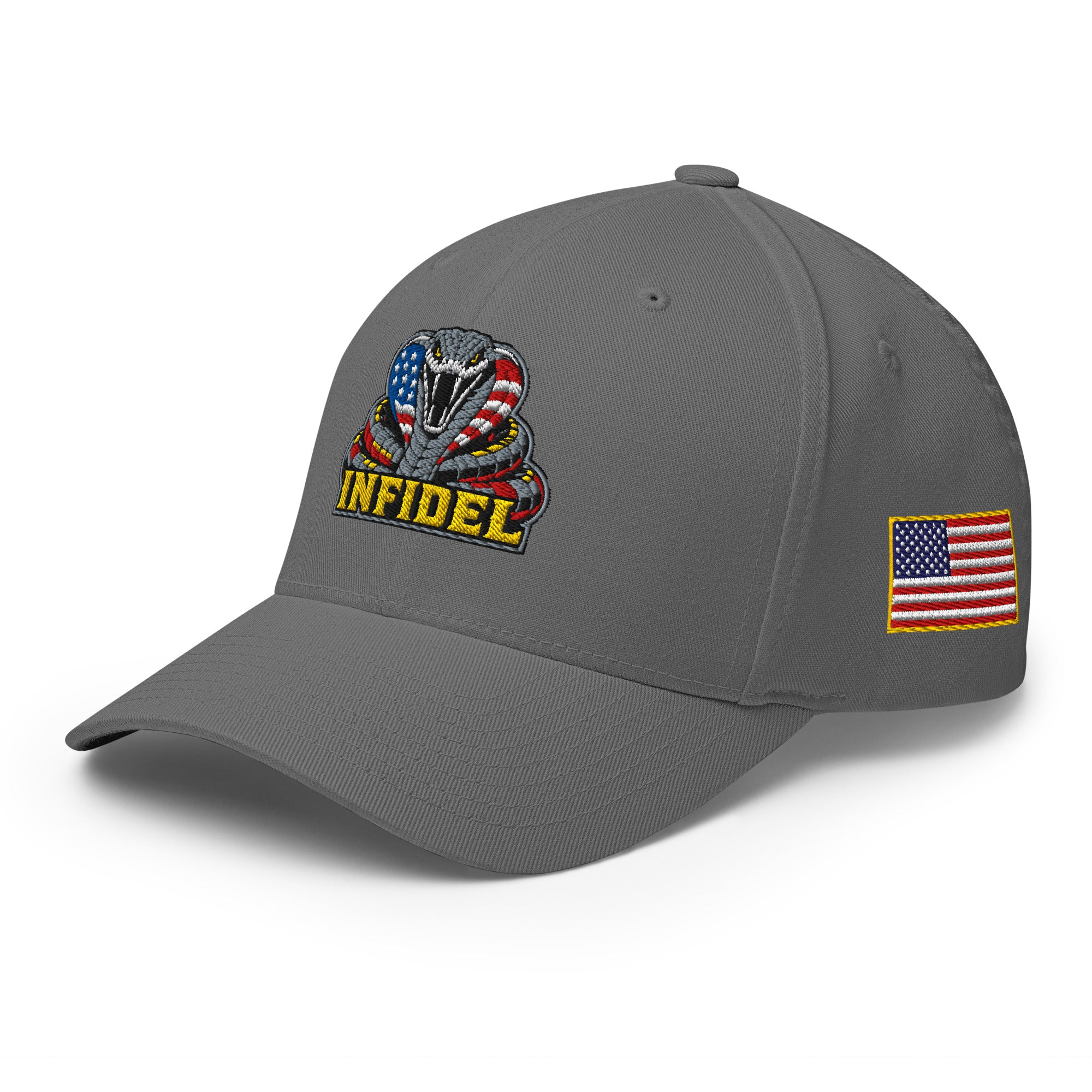 Left-front view of grey Infidel USA Flag Cobra Flexfit hat