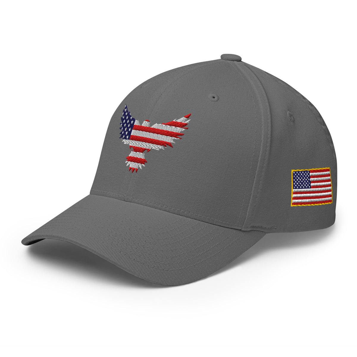 Left-front view of grey Old Glory Eagle Flexfit hat