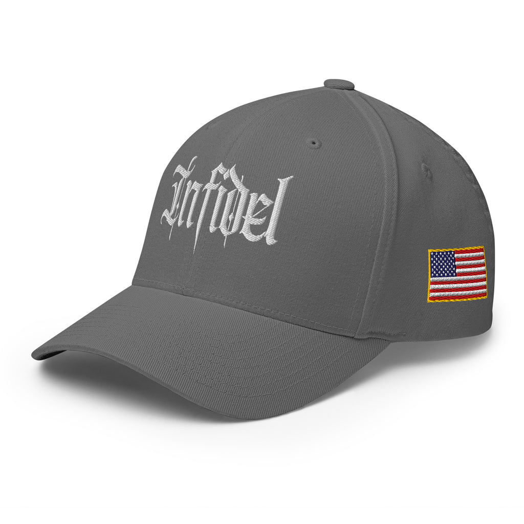 Left-front view of grey Infidel Script Flexfit hat