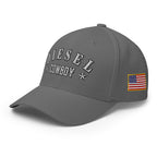 Grey structured Flexfit cap with embroidered Diesel Cowboy design, left front view
