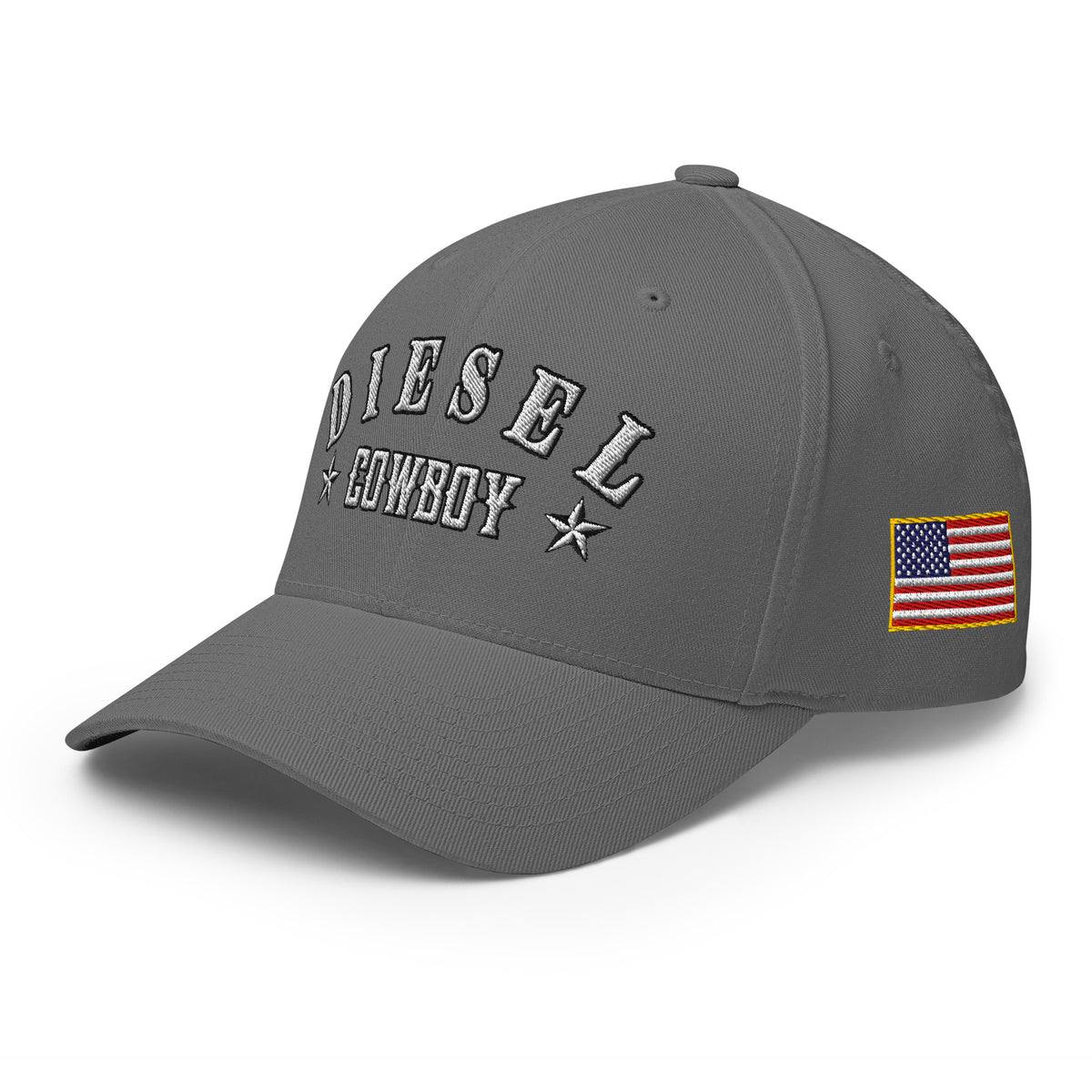 Grey structured Flexfit cap with embroidered Diesel Cowboy design, left front view