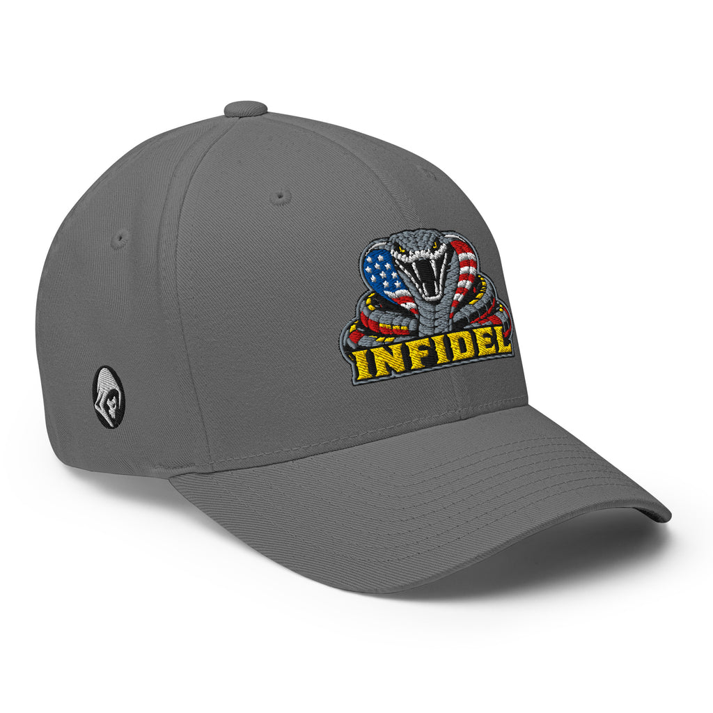 Right-front view of grey Infidel USA Flag Cobra Flexfit hat