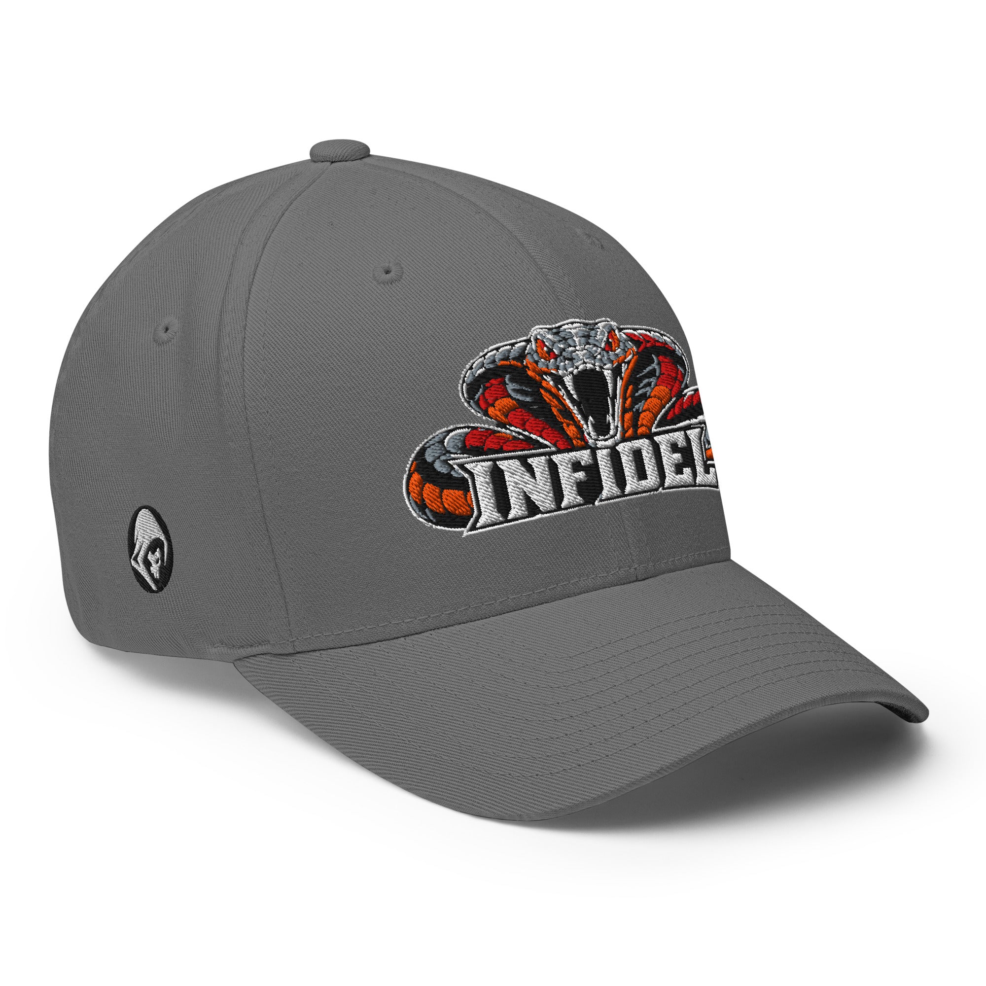 Right-front view of grey Infidel Cobra King Flexfit hat