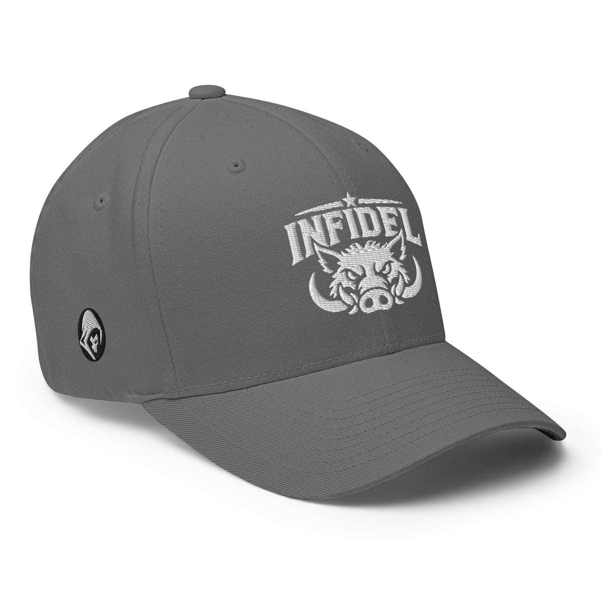 Right-front view of grey Infidel War Pig Flexfit hat
