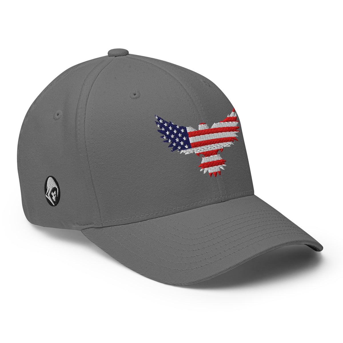 Right-front view of grey Old Glory Eagle Flexfit hat