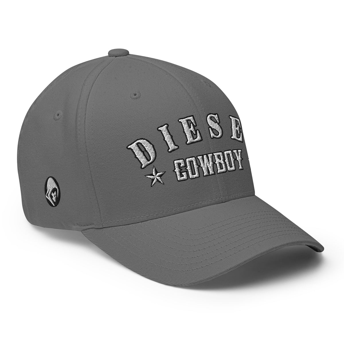 Grey structured Flexfit cap with embroidered Diesel Cowboy design, right front view