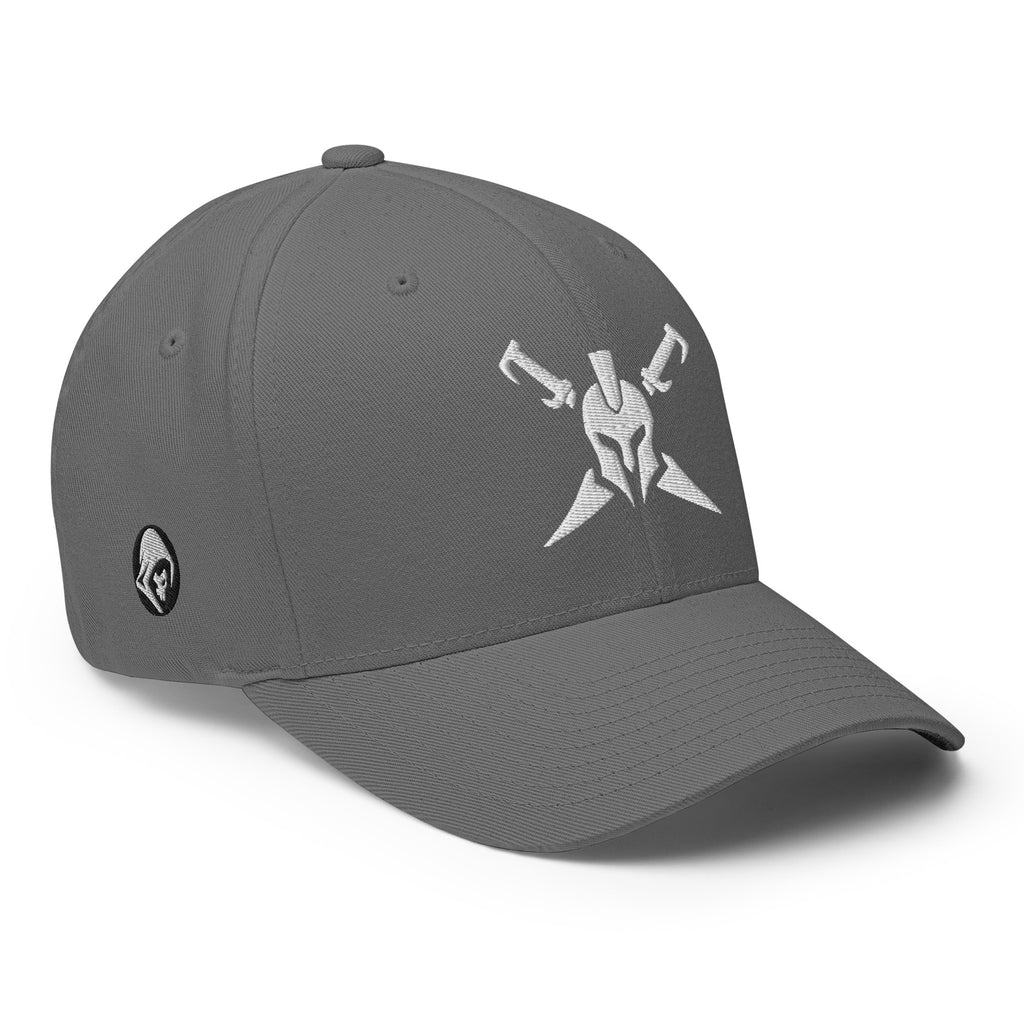 Grey structured Flexfit cap, right front view with Call to Arms embroidery