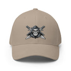 Beige cap with a skull and crossed swords emblem on a white background