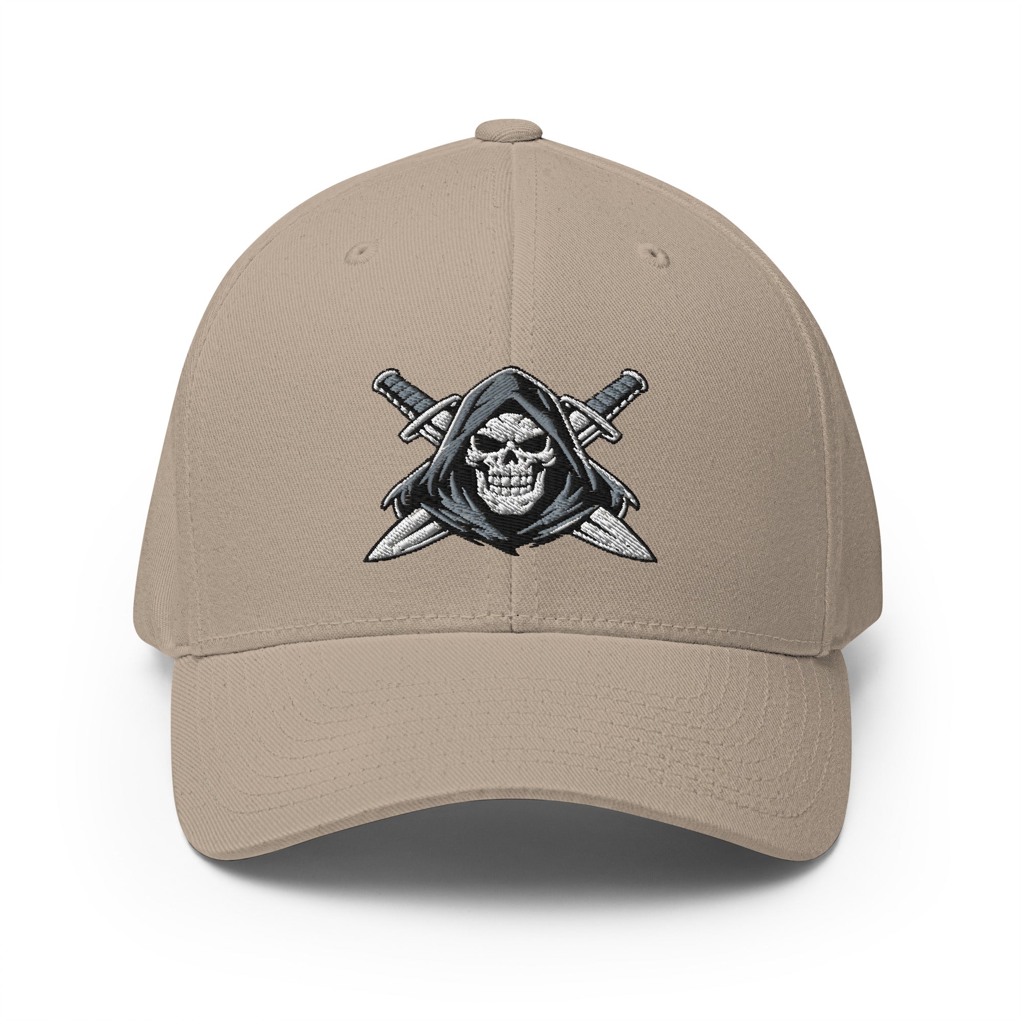 Beige cap with a skull and crossed swords emblem on a white background