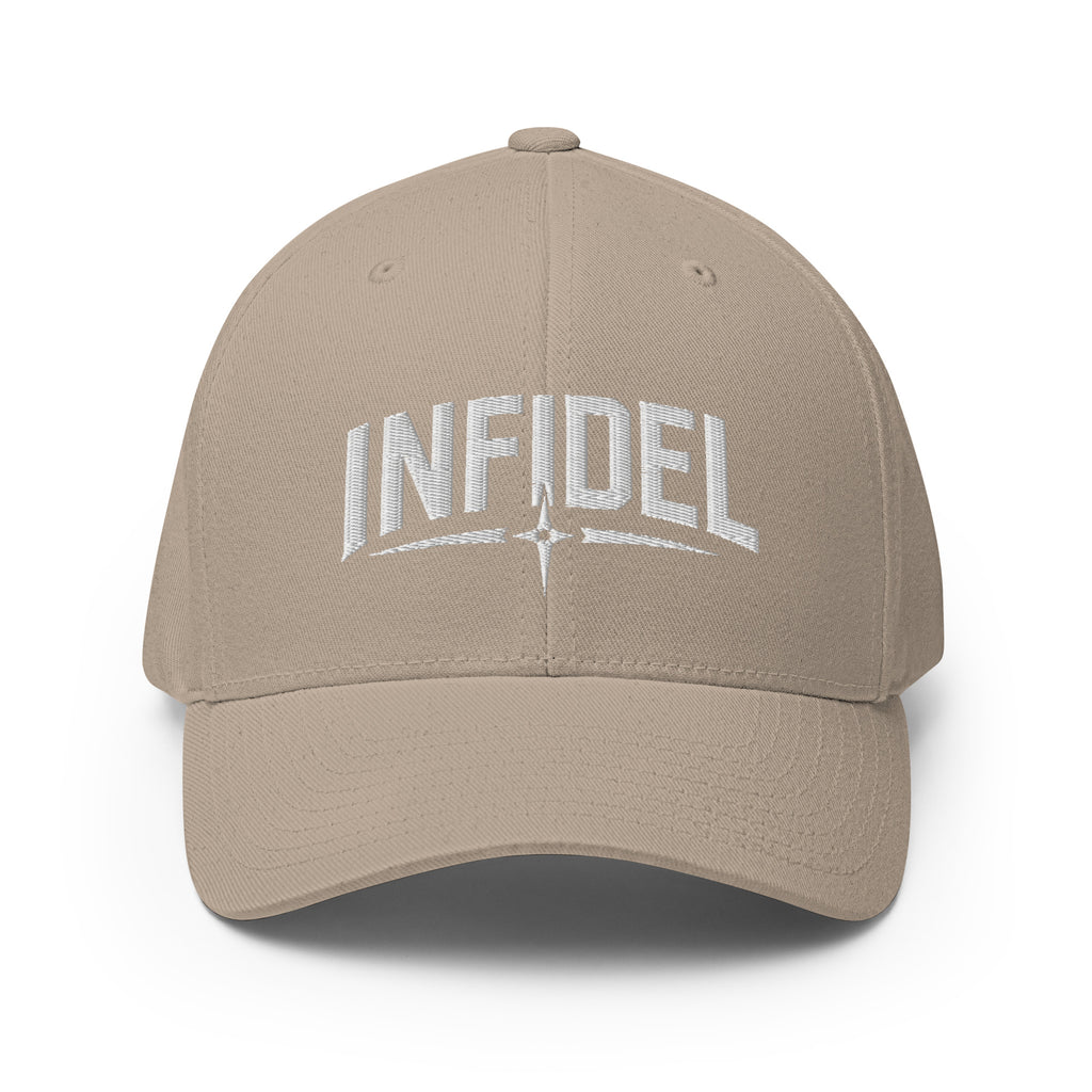 Beige cap with 'INFIDEL' embroidered on a white background