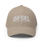 Beige cap with 'INFIDEL' embroidered on a white background