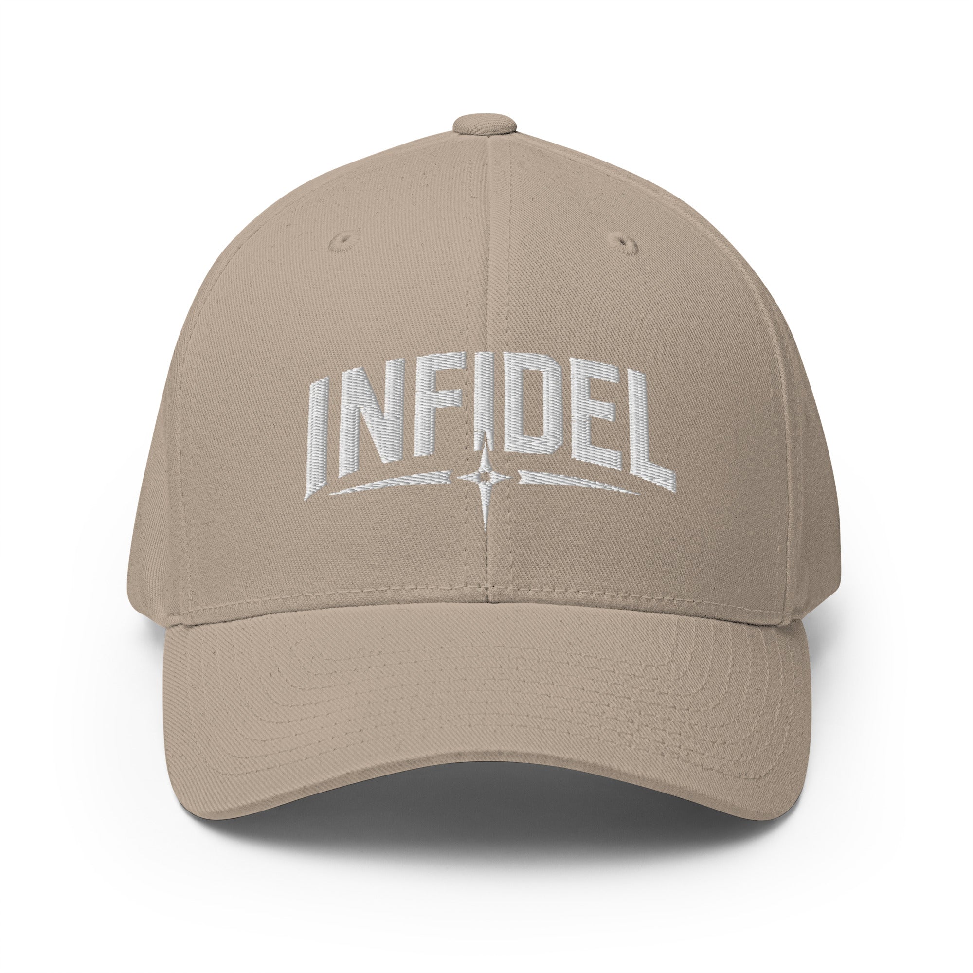 Beige cap with 'INFIDEL' embroidered on a white background