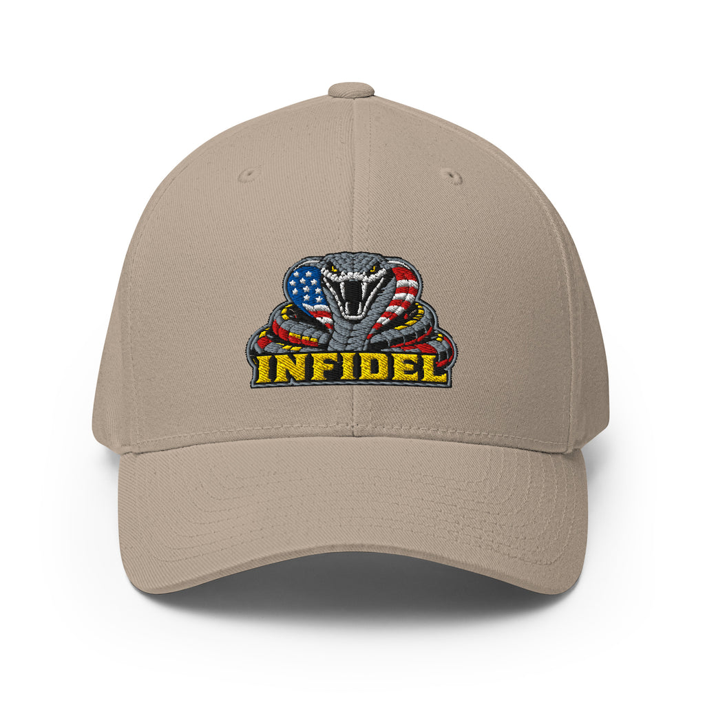 Front view of khaki Infidel USA Flag Cobra Flexfit hat