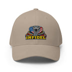 Front view of khaki Infidel USA Flag Cobra Flexfit hat