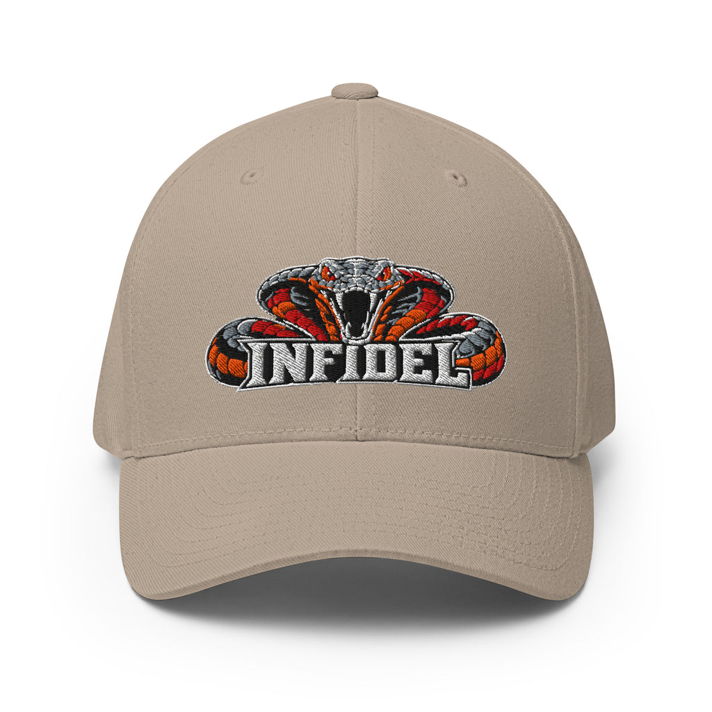 Front view of khaki Infidel Cobra King Flexfit hat