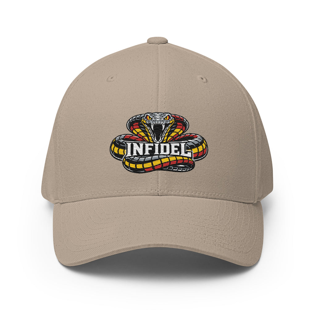 Front view of khaki Infidel Coiled Cobra Flexfit hat