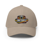 Front view of khaki Infidel Coiled Cobra Flexfit hat